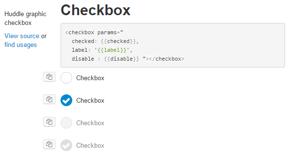 Screenshot of Huddle component documentation showing a checkbox control in four different states: on/off, disabled and enabled.